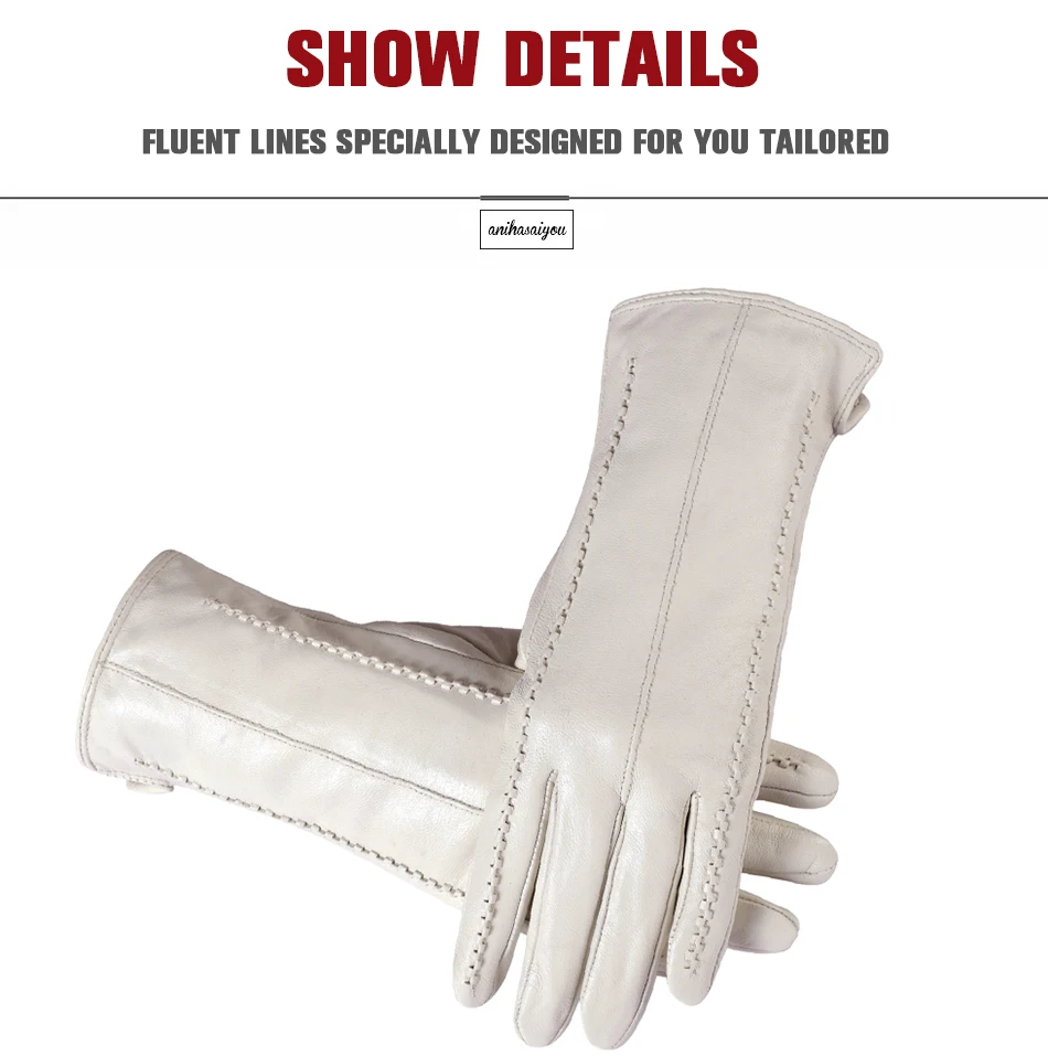 White Leather Women's Gloves, Genuine Leather, Cotton Lining Warm, Fashion Leather Gloves, Warm Winter Gloves -2226
