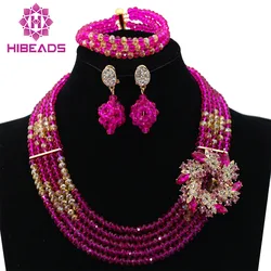 Fashion Fushia Pink Women Stylish Crystal Jewelry Accessories Nigerian Wedding African Beads Jewelry set Free Shipping ABL060