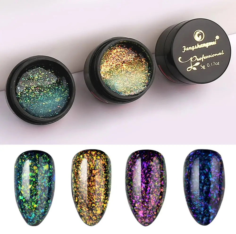 fengshangmei 5g Glitter Gel Polish Super Shine Aurora Top Coat Gel Varnishes Nail Designs Top Coat UV Gel With Sparkles