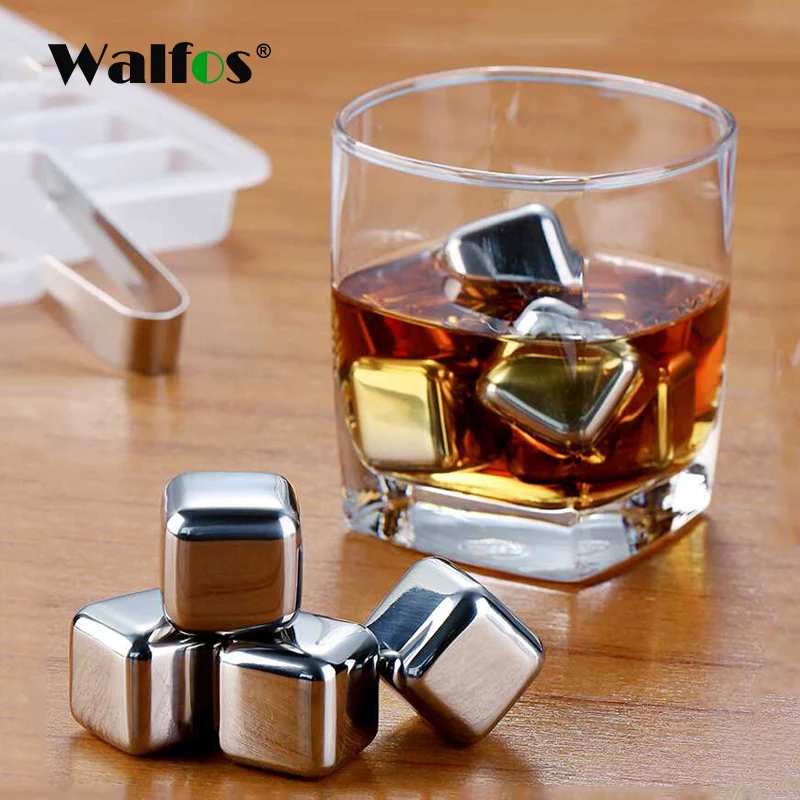 WALFOS 100% Food Grade Stainless Steel Whiskey Stones Sipping Ice Cube Whisky Stone Whisky Rock Cooler