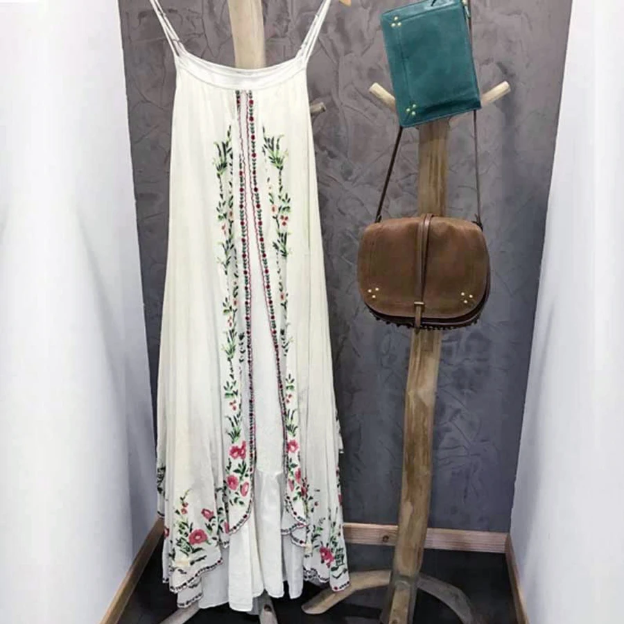 TEELYNN Maxi biała sukienka boho Vintage, w kwiaty haftowane bez rękawów pasek długie letnie sukienki odzież plażowa kobiety sukienka Vestido