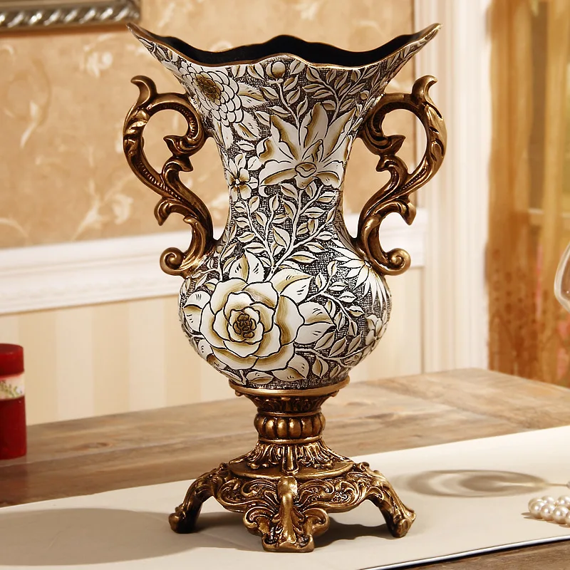 European-style new resin binaural vase home hand-painted Vintage carving antique countertop vase decorative ornaments