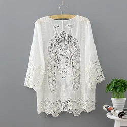 Hollow Out White Lace Blouse Kimono Summer 2019 Cotton Loose Woman Shirt Fashion Half Sleeve Kimono Cardigan Blouses Women 1806