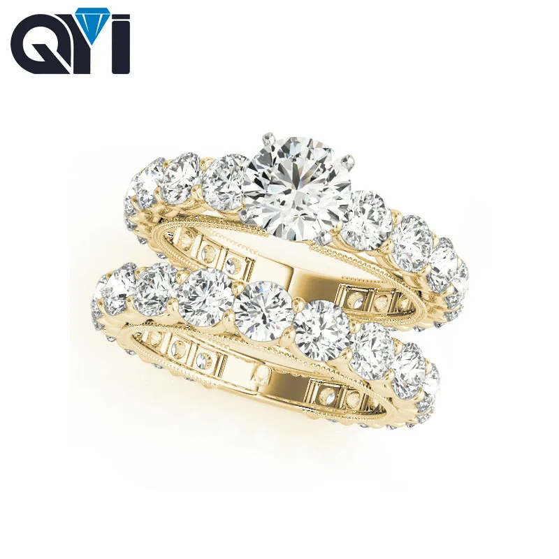 

QYI Engagement Ring Sets 14K Solid Yellow Gold Jewelry 0.75 ct Round Moissanite Diamond Women Wedding Ring