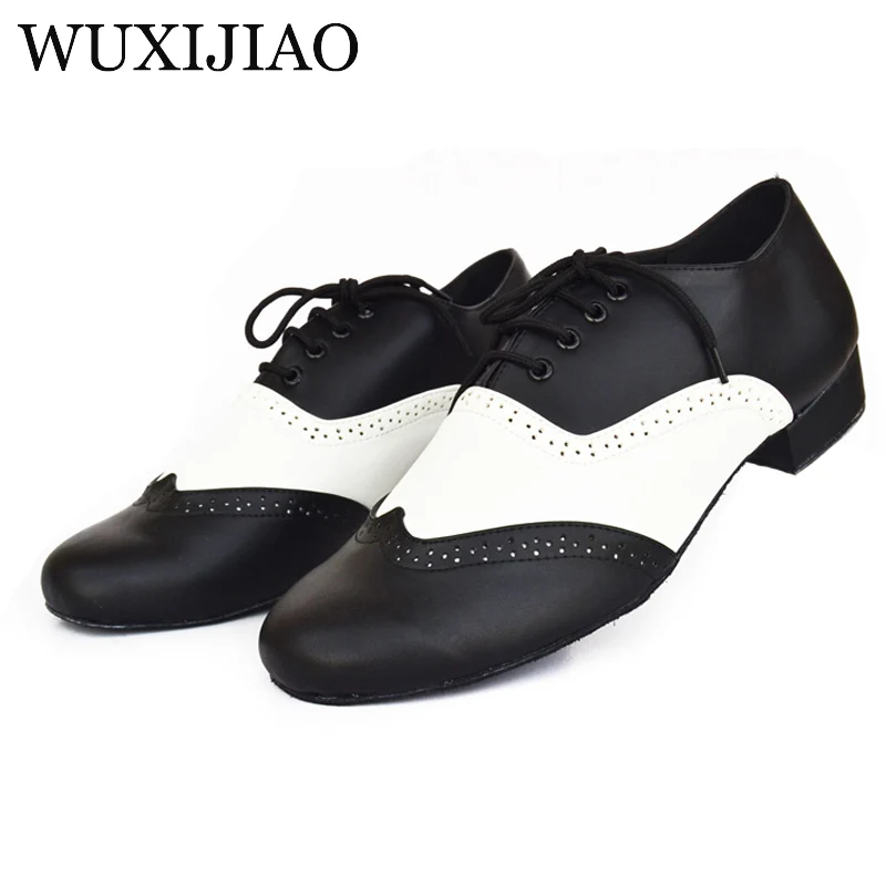 WUXIJIAO Men\'s Black White Real Leather Flats Modern dance shoes Tango Party Wedding Square dance shoes