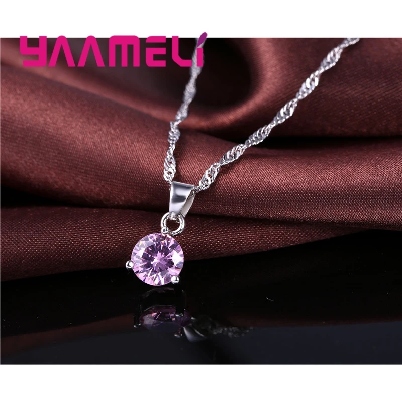 Candy 8 Colors 925 Sterling Silver Wedding Elegant Jewelry Sets Crystal Pendant Collar Necklace Earrings