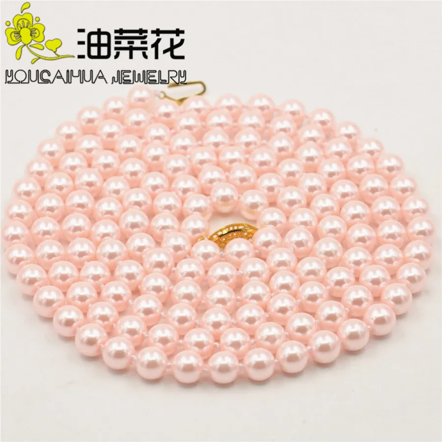 

For Women Pretty 8mm Pink Ocean Shell Pearl Necklace Beads Hand Made Jewelry Natural Stone 50INCH Valentine's Day Gifts