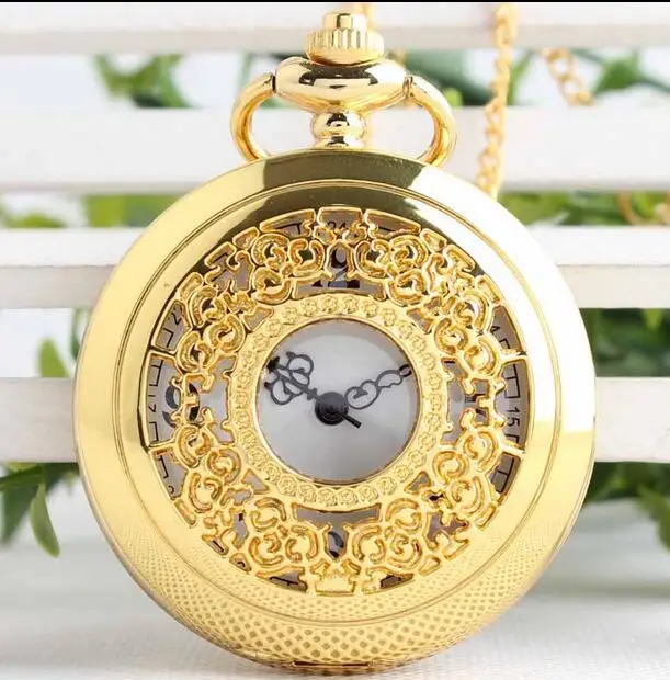 

New Fashion quartz golden Hollow out flowers Flip clock woman jewelry Necklace pocket watches gift