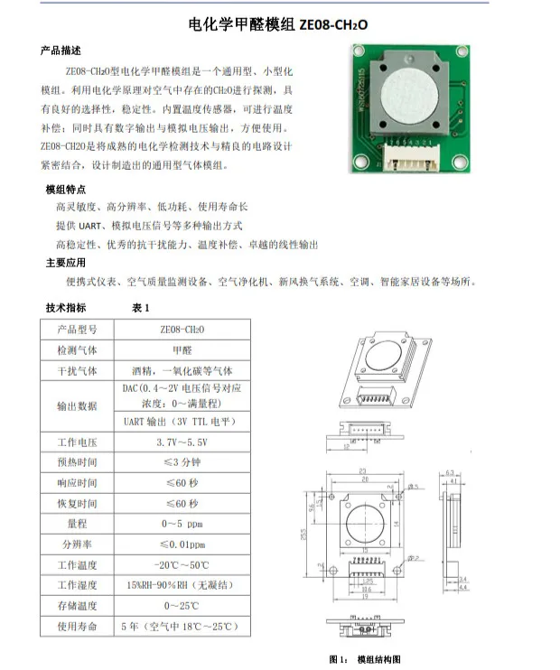 1pcs Free Shipping ZE08-CH2O Formaldehyde Sensor Module Analog Output Electrochemical Formaldehyde Sensor