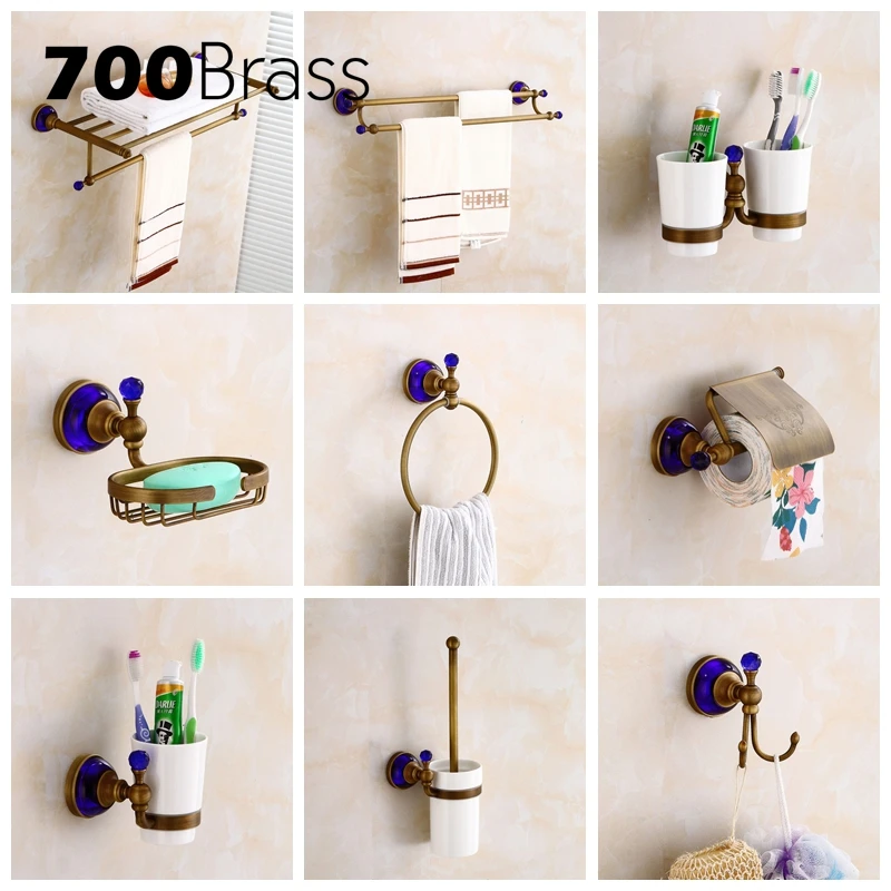 Antique Brass Blue Crystal Base Bathroom Accessories Wall Mounted Toilet Paper Holder Shelf Towel Rack Bath Hardware Sets