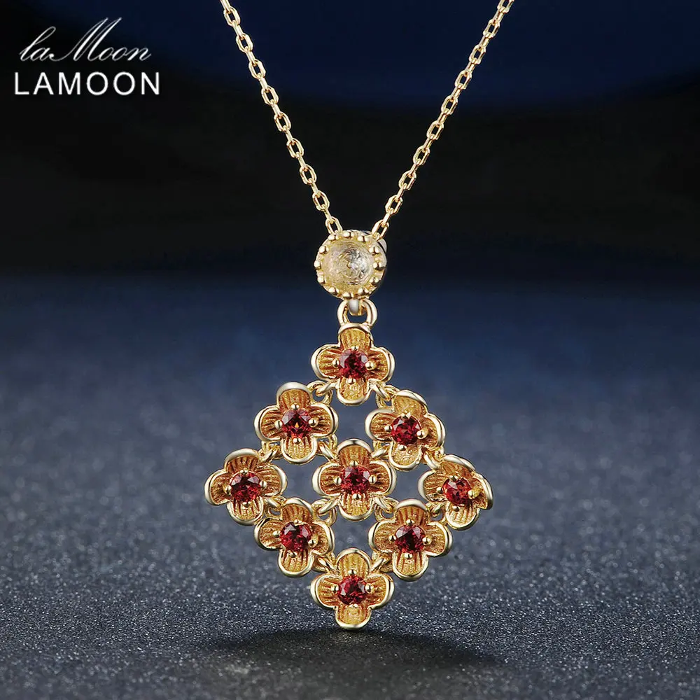 

LAMOON 925 Sterling Silver Jewelry Red Garnet Flower Chain Pendant Necklace For Women Party Fine Jewelry Collana Donna NI029