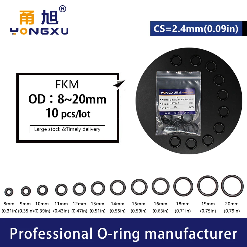 10PCS/lot Black FKM Fluorine Rubber O-rings Seals CS2.4mm OD8/9/10/11/12/13/14/15/16/17/18/19/20*2.4mm O Ring Gasket Seal Washer