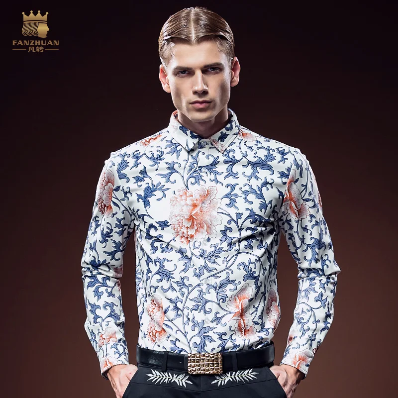 

FANZHUAN Free Shipping New fashion casual male men's man shirts banquet Floral Printed Long Sleeved Shirt 612088 on sale