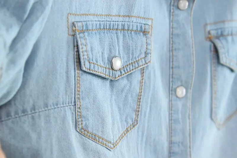 Delle Donne del cotone Del Manicotto Del Bicchierino Blu Camicia di Jeans Nuovo 2019 di Modo di Estate Delle Signore Camicia di Jeans Con Petto Tasche Con Patta Legame di Farfalla 1669