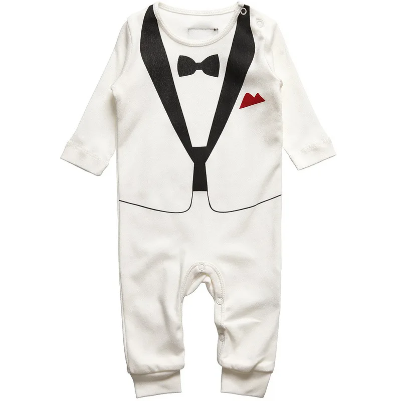 Cute Retail Baby Boys Black White Cotton Suit Set Kids Long Sleeve Gentlemen Style Bodysuit Kids Romper Jumpsuit Sets 4Sizes