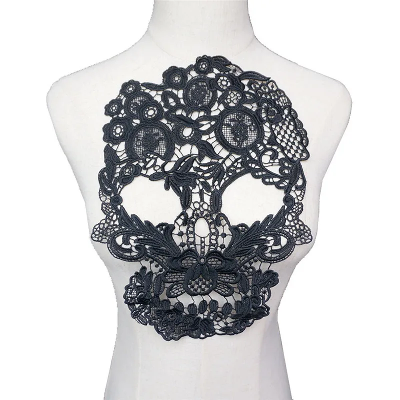 31CM Black Embroidered Skull Collar Appliques Gothic Punk Rock Lace Trims Sew Patch For Wedding Evening Dress DIY