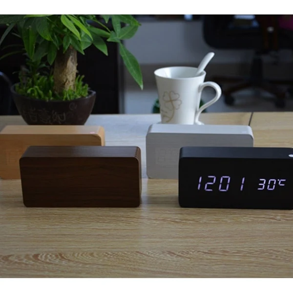 New Wooden LED Alarm Clock+Time/date/temperature Digital Bamboo Wood Clock Voice Activated Table Clocks