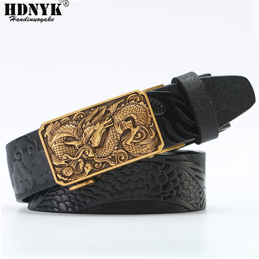 

Classical China Dragon Designer Belt for Men Cowskin Genuine Luxury Leather Men's Belts Carving Dragon Pattern Automatic Buckle