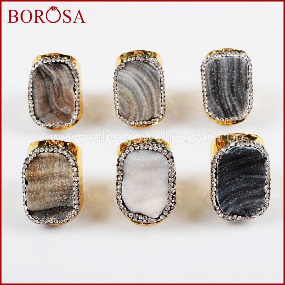 

BOROSA Fashion 5/10PCS Freeform Brazilian Galaxy Quartz Golden Band Ring Crystal Paved Zircons Gemstone Adjustable Rings JAB916