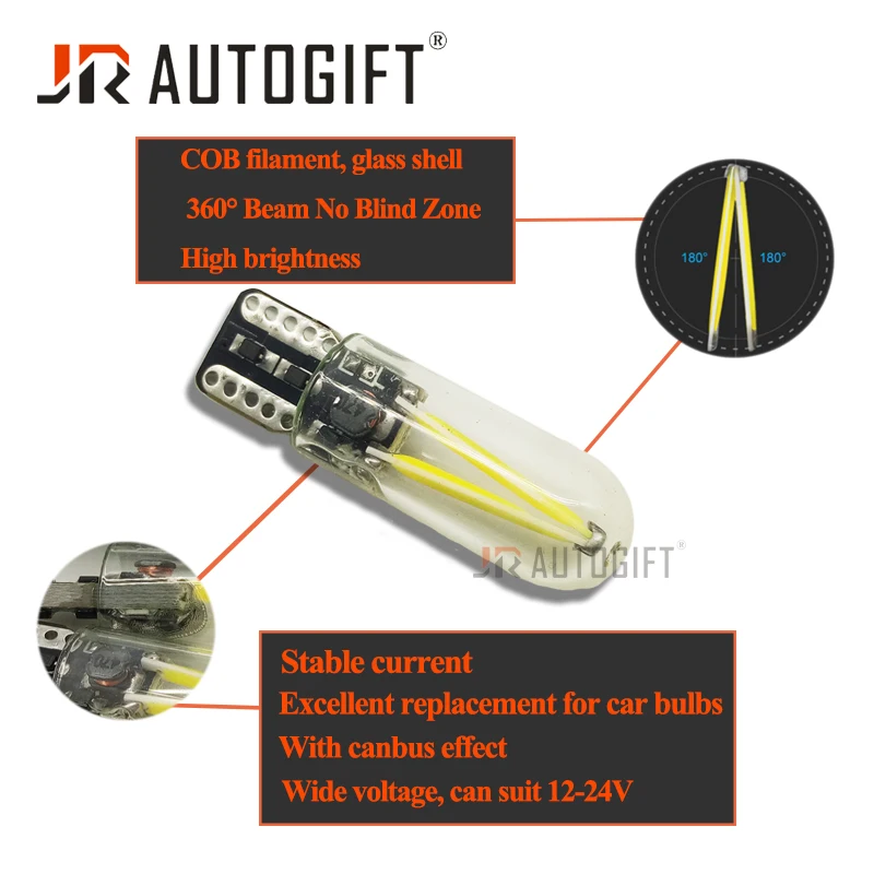 2x Newest W5W Canbus led T10 cob glass car lights filament automobiles 12V-24V No error free dome bulb side lamp car styling