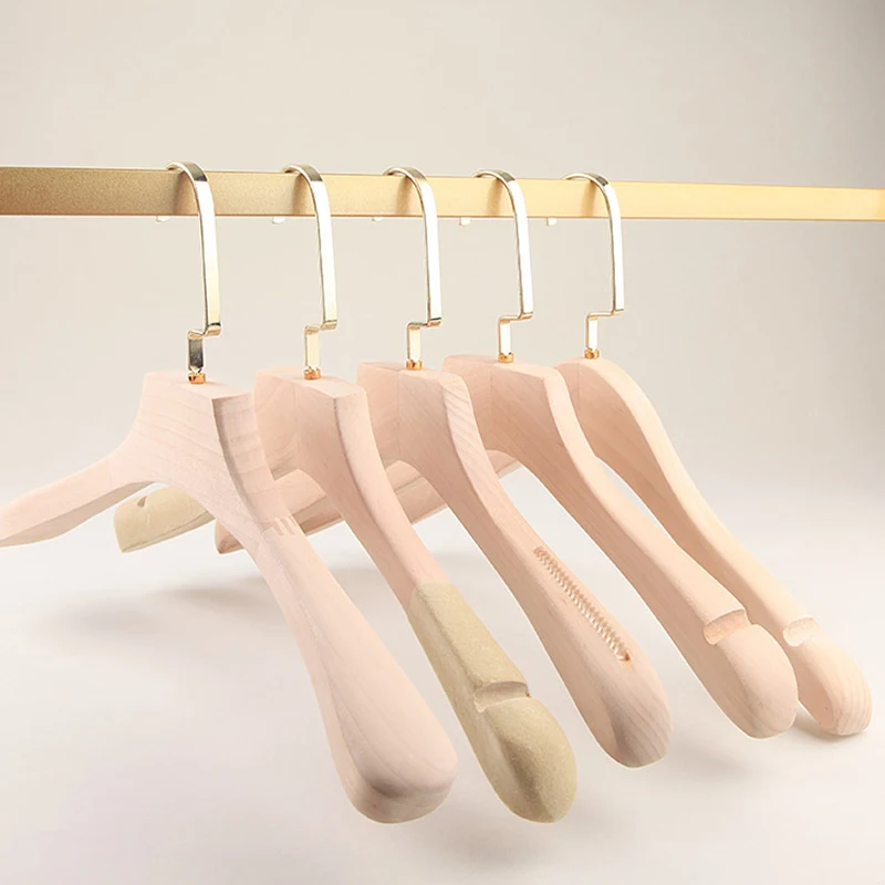 10 pcs/lot Paintless Solid Wood Clothes Hangers with Golden Flat Hook Anti-skid Flocking Hanger Men and Women Clothing Hanging