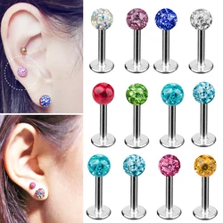 1PC Surgical Steel Crystal Labret Lip Stud colorful Ferido Ball epoxy CZ gem ball Ear Cartilage Tragus Piercing Stud Earring 16g