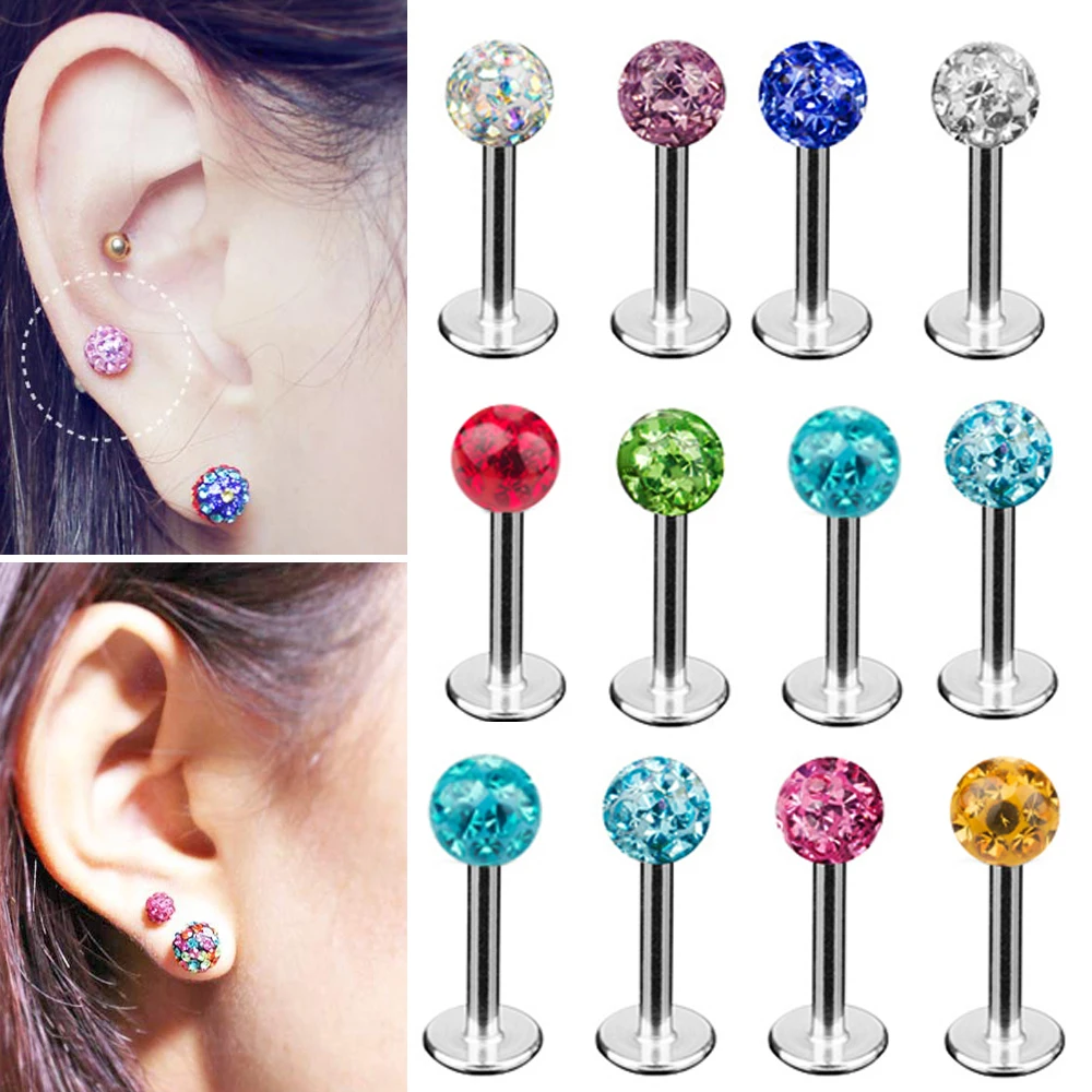 1PC Stal chirurgiczna Crystal Labret Lip Stud kolorowy Ferido Ball epoxy CZ gem ball Chrząstka ucha Tragus Piercing Stud Earring 16g