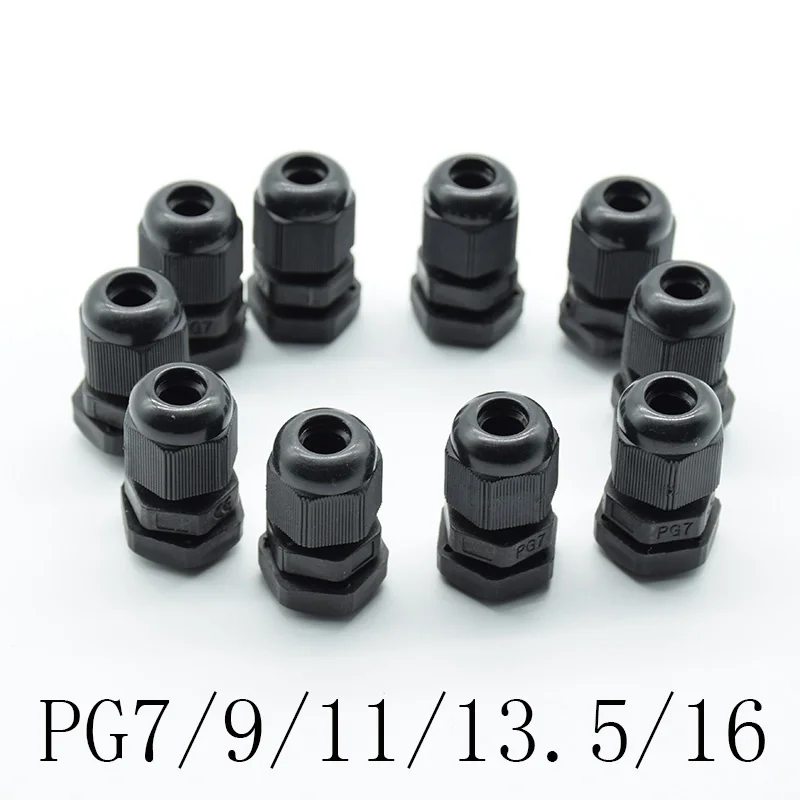 Conector de glândula de cabo plástico à prova d'água, 10 peças, ip68 preto pg7 pg9 pg11 pg13.5 pg16 para cabo de fio ce