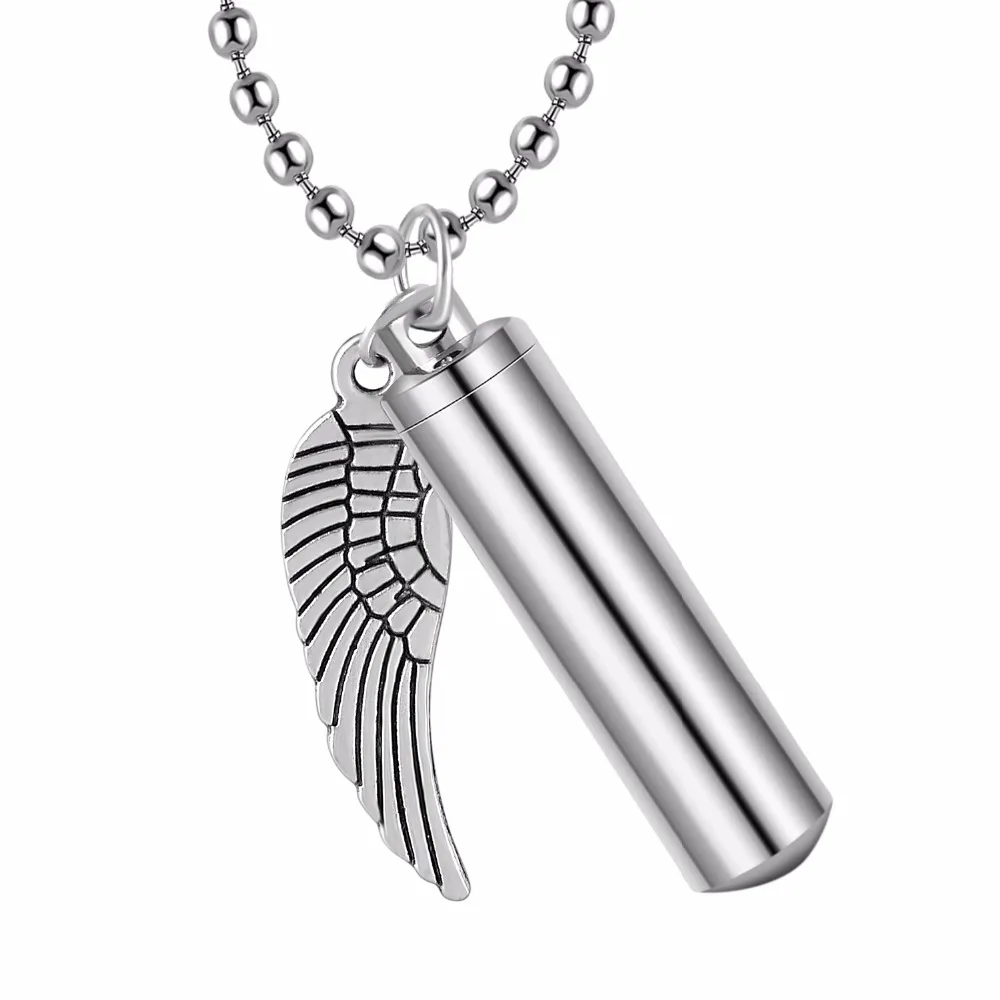 

Men Sport Stainless Steel Jewelry Pill Case Holder Cylinder Ashes Urn Pendant Angel Wing Charm Cremation Memorial Necklace