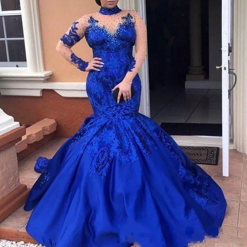 abiye Royal Blue Evening Dresses High Neck Long Sleeves Lace Appliques Evening Gowns Plus Size Satin Mermaid Formal Wear Elegant