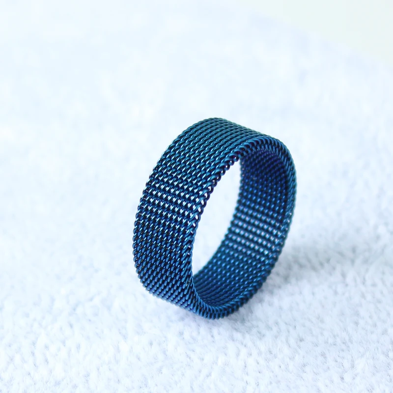 8mm men\'s stainless steel mesh ring, blue couple ring, exquisite fashion jewelry