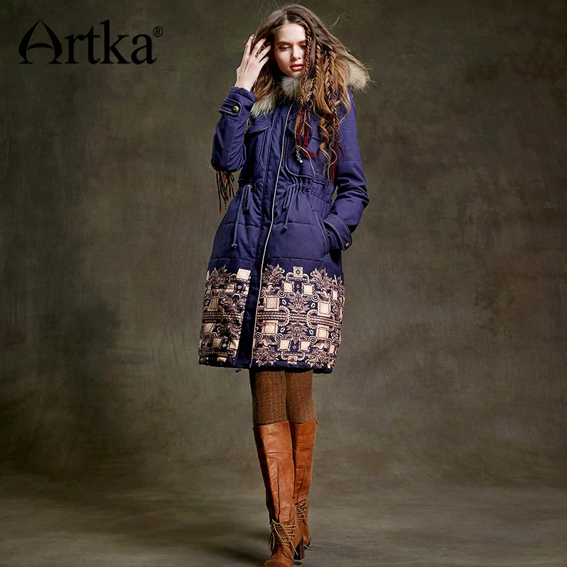 ARTKA Fur Parka Women Winter Down Jacket 2018 Warm Parka Ethnic Print Coat Female Long Raincoat Drawstring Waist Jacket MA15157D