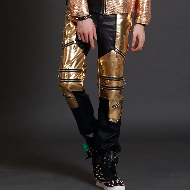 Men Zipper Design Gold Leather Pants Punk Rock Male Singer Bar Nightclub Motorcycle Leather Trousers Dancer Stage Dance Costume