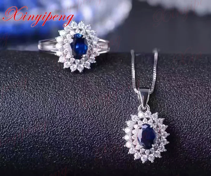 

925 silver inlaid 2 carat natural sapphire jewelry set Ms dark blue Luxury and generous