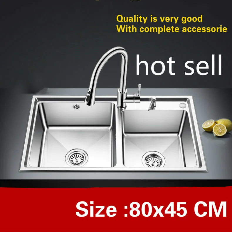 Free shipping kitchen double groove sink durable 304 stainless steel hot sell 800x450 MM