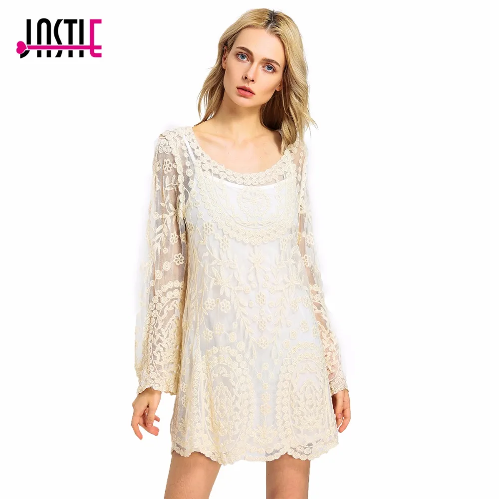 Jastie ที่ระลึก Bell แขนชุดลำลอง Femininos โครเชต์ Floral Lace ชุดเย็บปักถักร้อย Sheer Boho ผู้หญิง Magenta