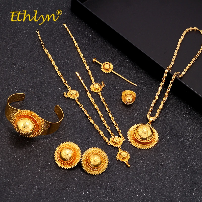 Ethlyn Jewelery Sets for Women Ethiopian African Luxury Gold Color Wedding Jewelry Set 6pcs ladies jewellery sets Big Earrings