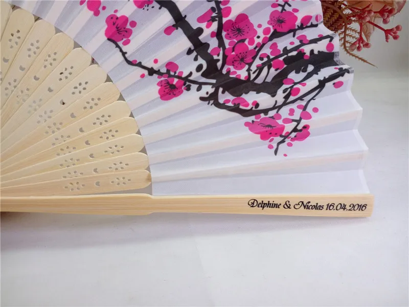 Free Shipping 100pcs personaized cherry blossom silk hand fan wedding favor printing name &date on rib