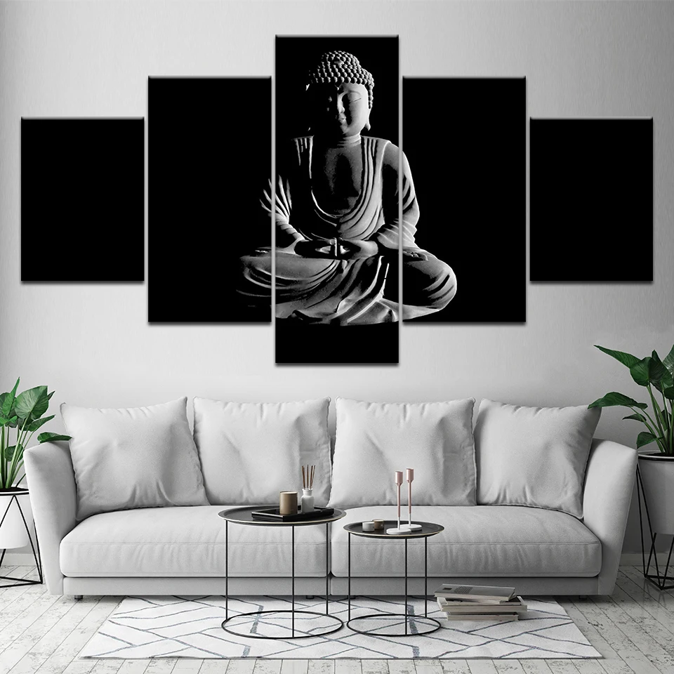 Canvas Painting black and white Buddha 5 Pieces Wall Art Painting Modular Wallpapers Poster Print for living room Home Decor