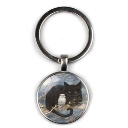 Fashion black cat owl pattern keyring retro painting cat crystal glass key chain men women accessories car package party gifts