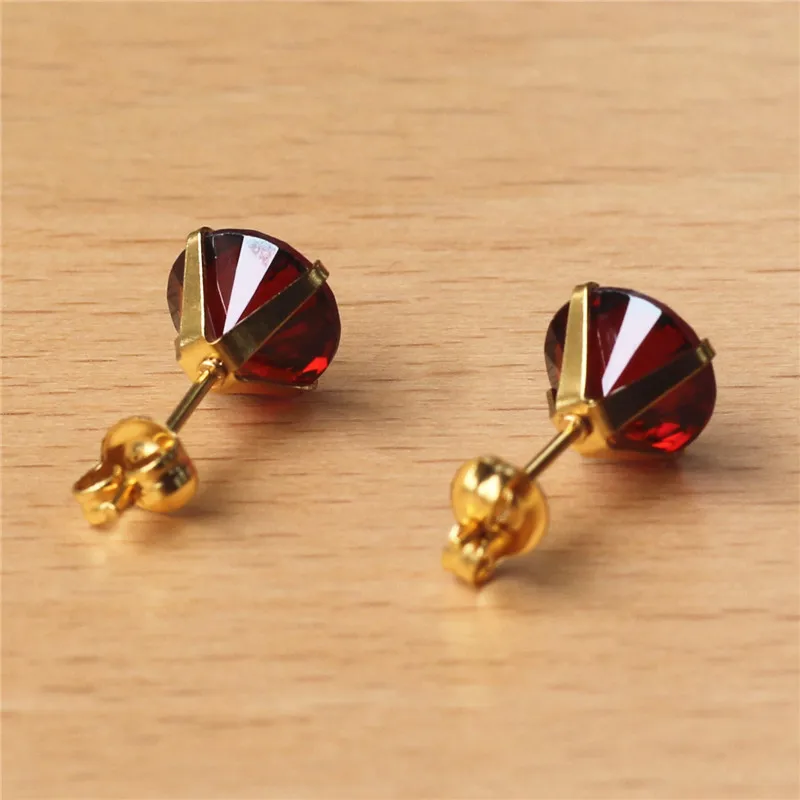 Stainless Steel Gold-color Vacuum Plating With 8mm Round AAA Pomegranate Red Zircon Stud Earrings 201903011428