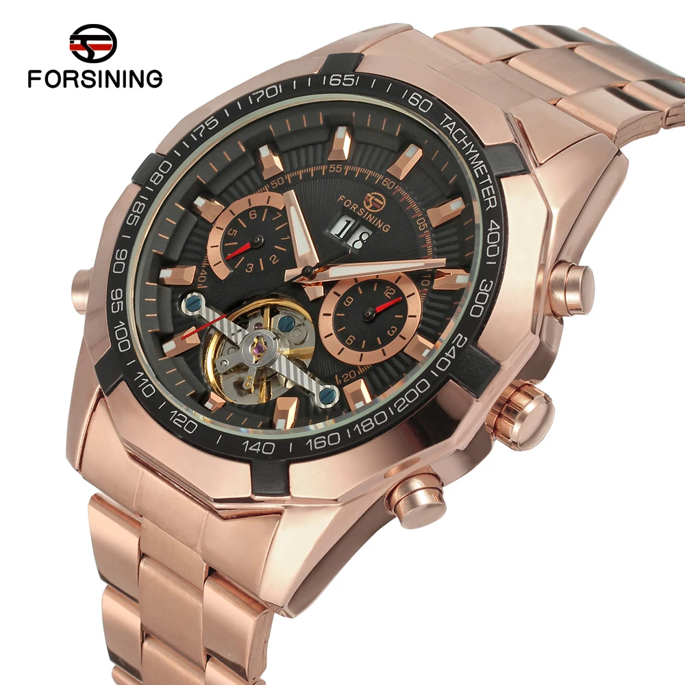 Forsining Brand Business Men\'s Watch Gold Full Stainless Steel Automatic Mechanical Toubilion Wrist Watches Relogio Masculino