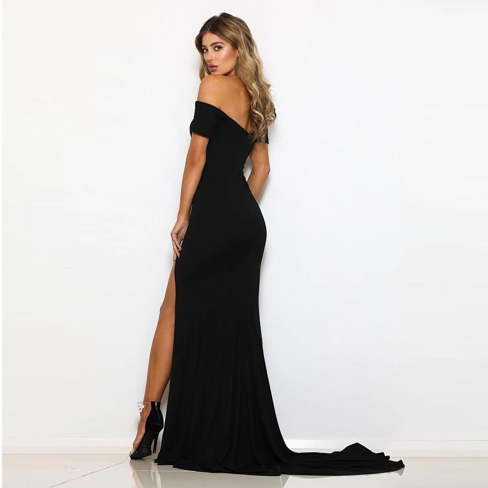 Black Red Maxi Dress Off The Shoulder Slash Neck Evening Party Dresses Floor Length Mermaid Dress Split Leg Slit Front