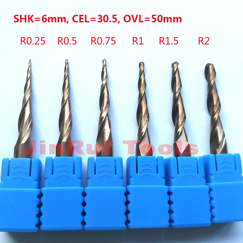 Jerray 1 peça r0.25/r0.5/r0.75/r1/r1.5/r2 6mm haste 50mm hrc55 carboneto sólido tapere bola nariz fresa cnc fresas faca