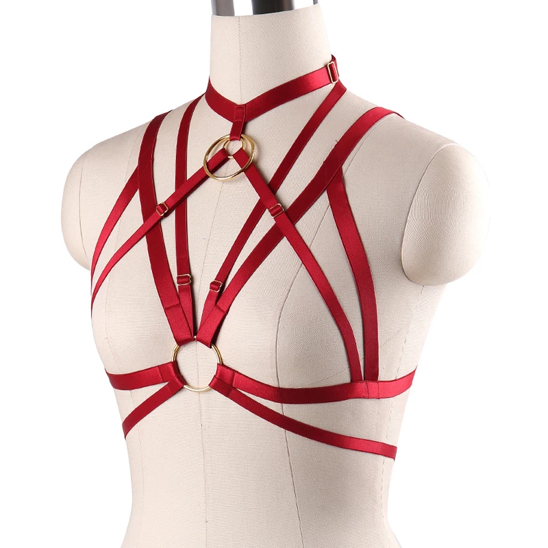 90s Punk Gothic Big O-ring Red Body Harness Belt Adjustable harness Strappy Tops Cage Bra Bodysuit Crop Top Bondage Harness belt