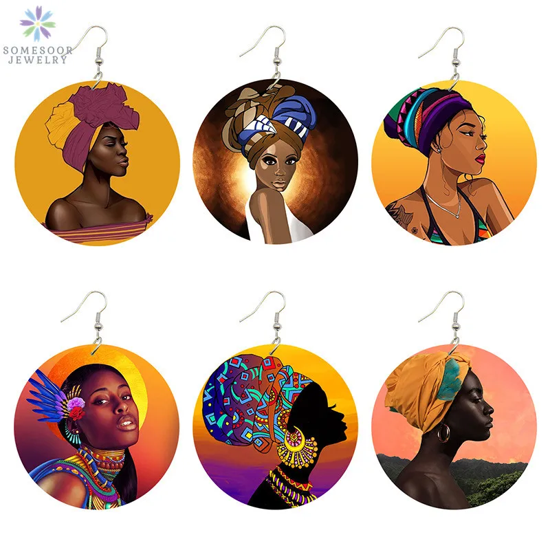 SOMESOOR African Headwrap Woman Printed Portrait Earrings Afrocentric Ethnic Art Painting Retro Smart Blacks Wooden Ear Jewelry