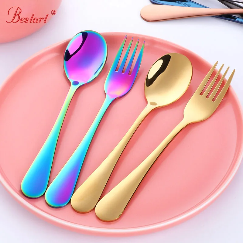2PC Kids portable cutlery Rainbow tableware Set Stainless food safety lovely children spoon fork  gold  Toddler Utensils image 3