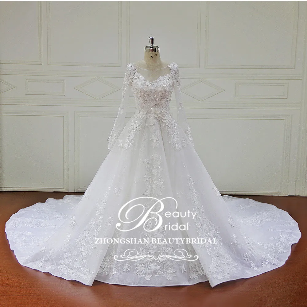 الراقية مخصص الكرة ثوب فساتين الزفاف أحدث تصميم الدانتيل يزين اللؤلؤ زي العرائس Vestido De Novias XF17004