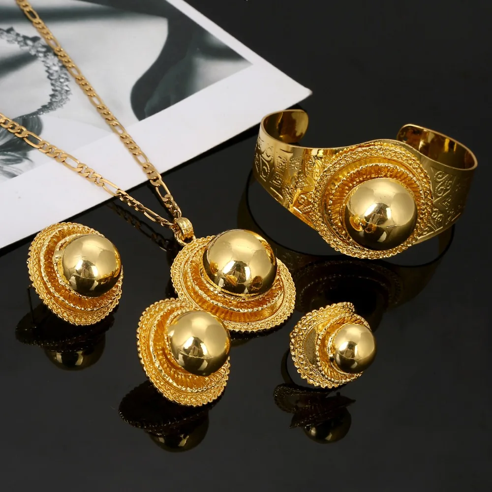 New Ethiopian Wedding Jewelry Sets Necklaces Bracelet Earrings Ring Gold Color Habesha Jewellery Eritrean Gifts