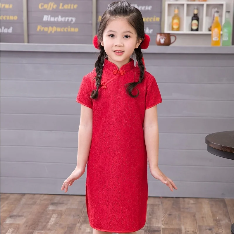 

Girls Dress Cheongsam Lace Children Qipao Chinese Chipao Mandarin Gown For Girl High-Necked Short Sleeve Dress Kids Clothes